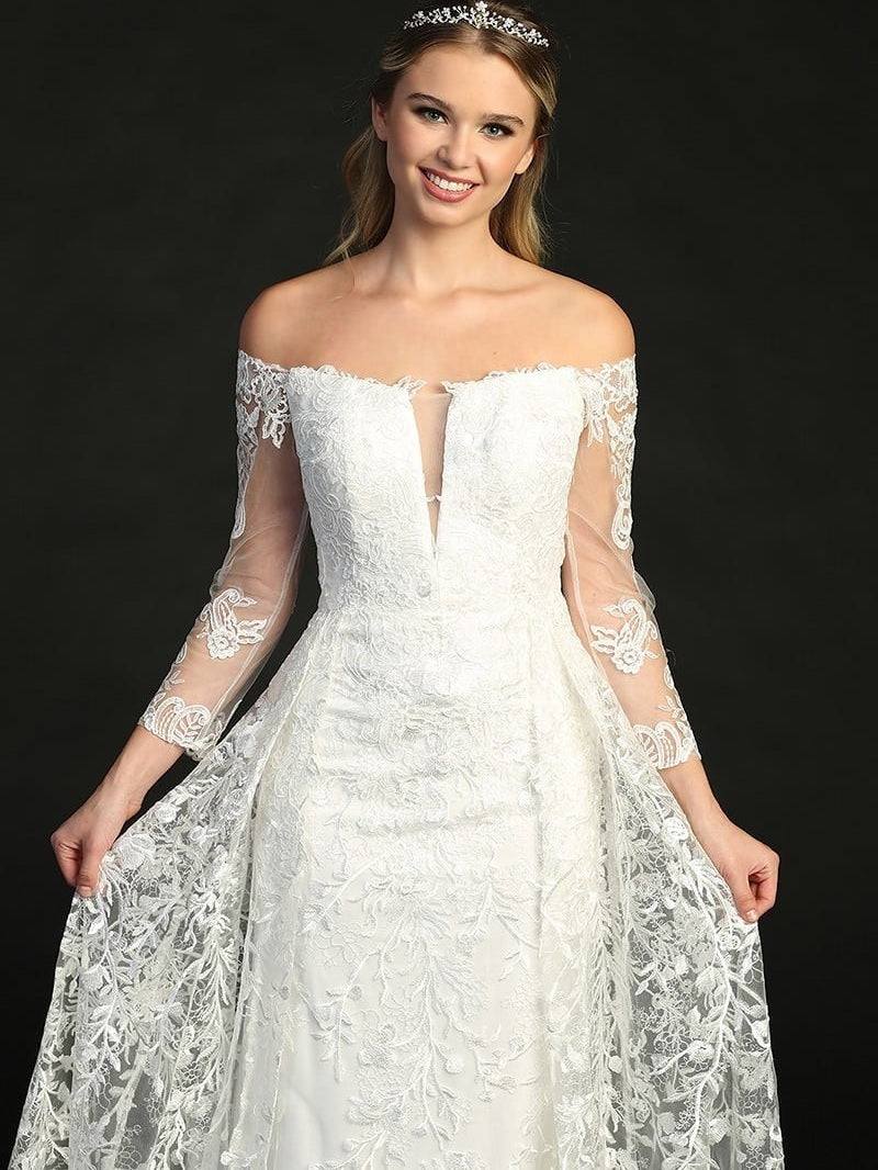 Elegant Long Sleeve Lace Embroidery Flowing Skirt Wedding Dress