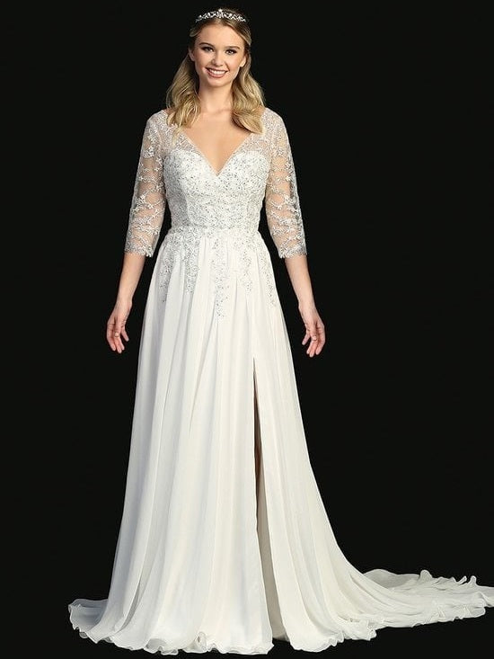 Elegant Long Train V-Neckline Lace Sleeves Corset Back Wedding Dress