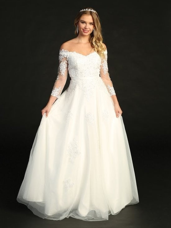 Elegant Off The Shoulder Lace Sequins Long Sleeves Wedding Dress