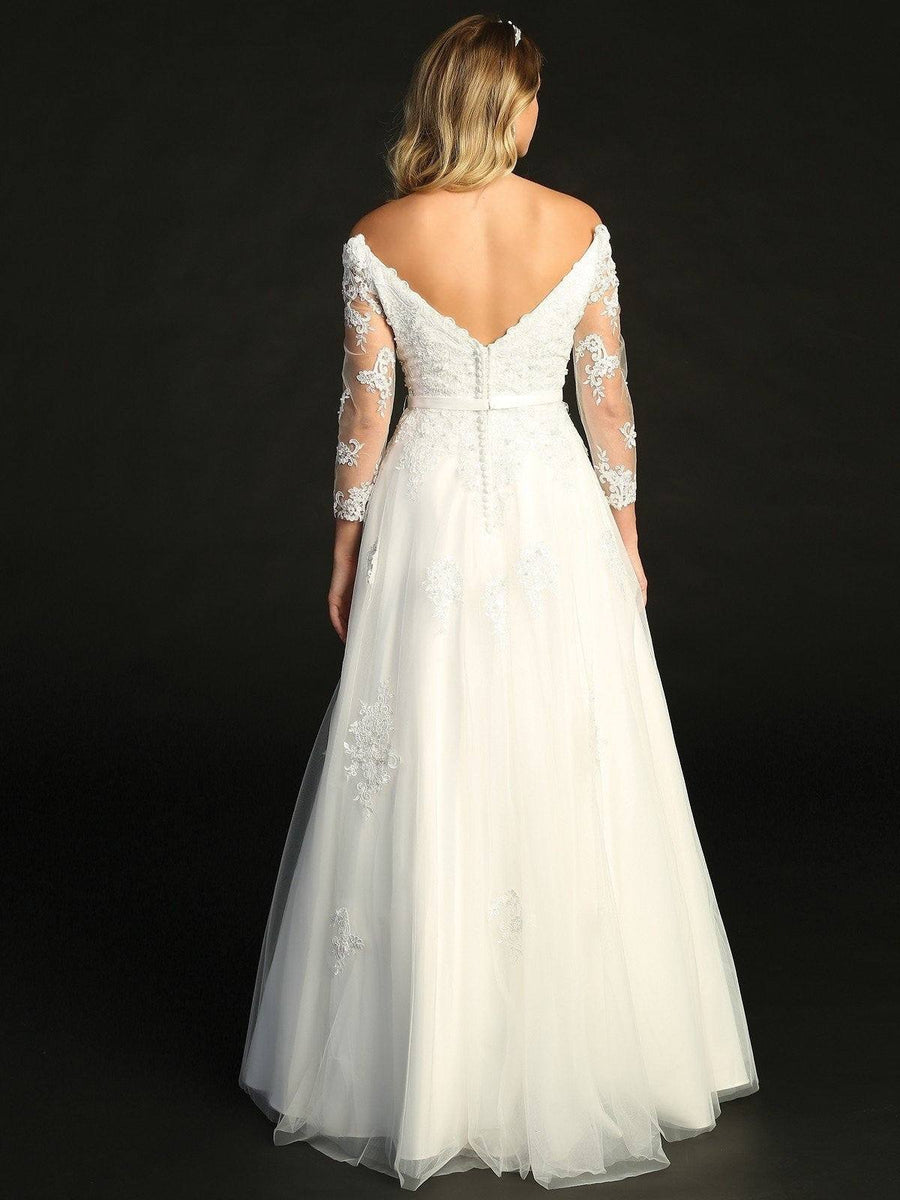 Elegant Off The Shoulder Lace Sequins Long Sleeves Wedding Dress
