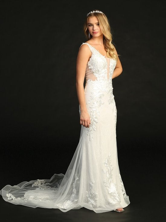 Mermaid Lace Long Train Mesh Plunging Wedding Dress Off White / 4XL