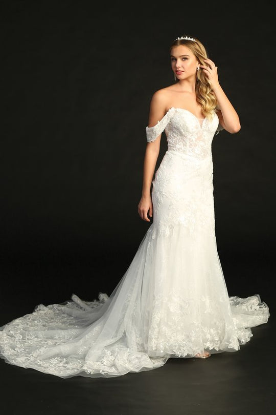 Stunning Lace Off The Shoulder Long Train Wedding Dress