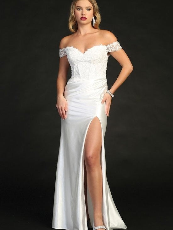 Elegant Off The Shoulder Pleated Fit Corset Back Wedding Dress