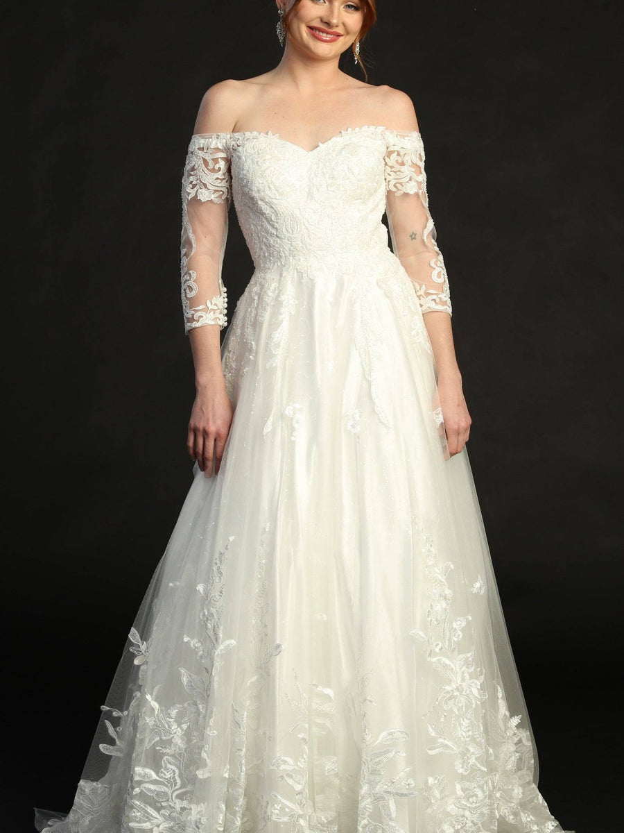 Stunning Off The Shoulder Lace Embroidery Sequins Sheer Sleeves Wedding Dress