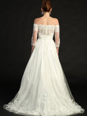 Stunning Off The Shoulder Lace Embroidery Sequins Sheer Sleeves Wedding Dress
