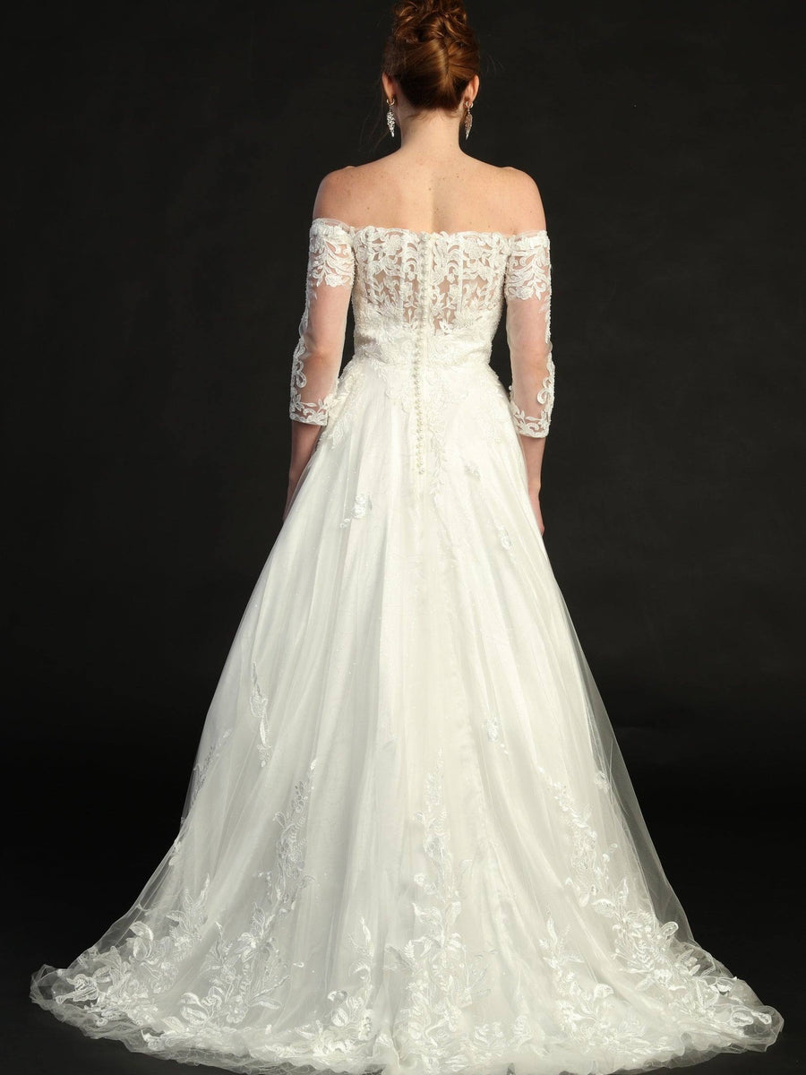 Stunning Off The Shoulder Lace Embroidery Sequins Sheer Sleeves Wedding Dress