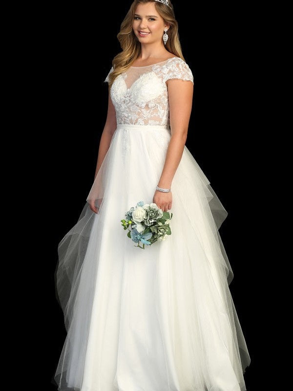 A-line Illusion Classic Floral Lace Cap Sleeve Sequin Wedding Dress