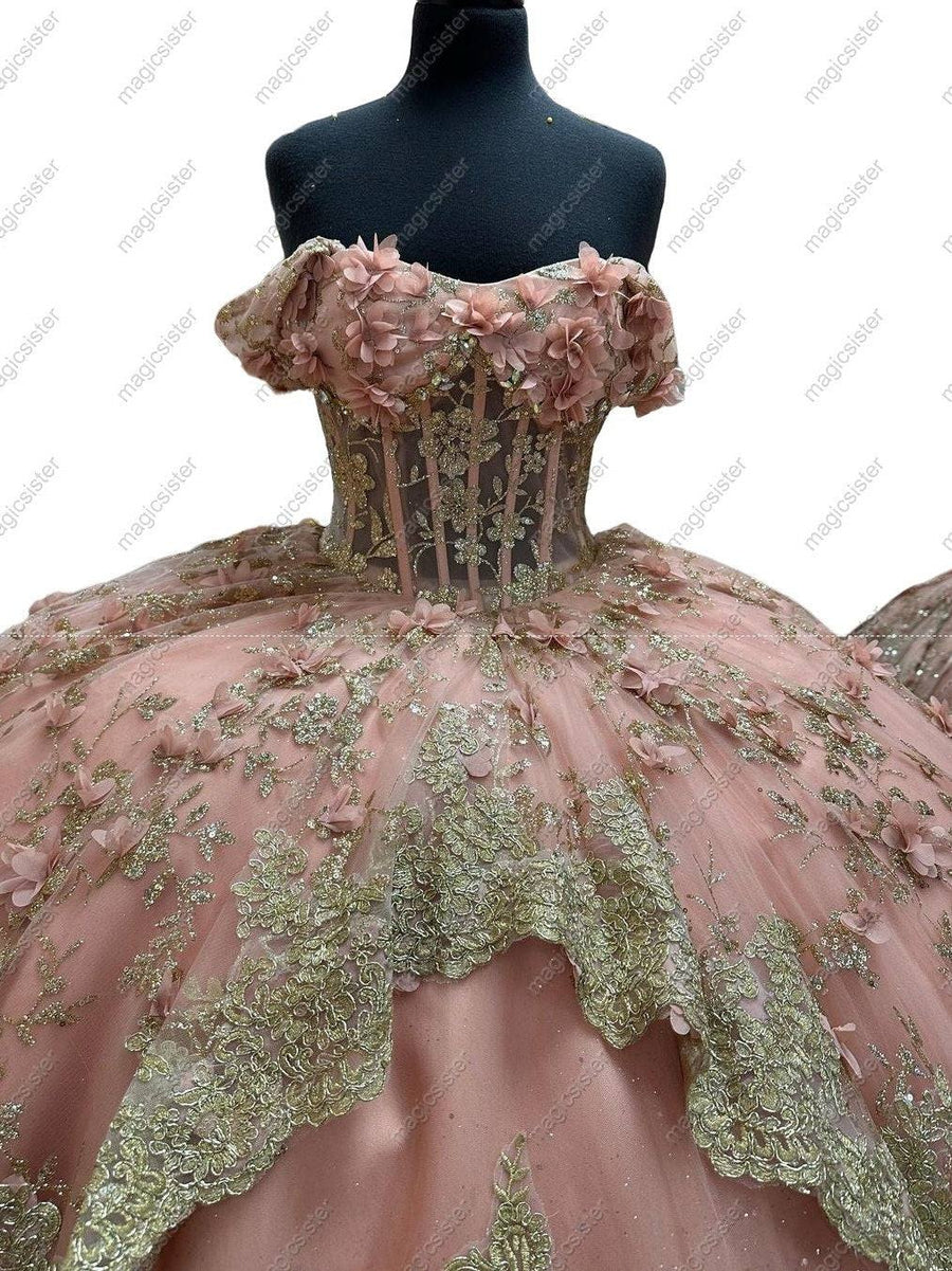 Glitter 3D Flower Quinceanera Ball Gown