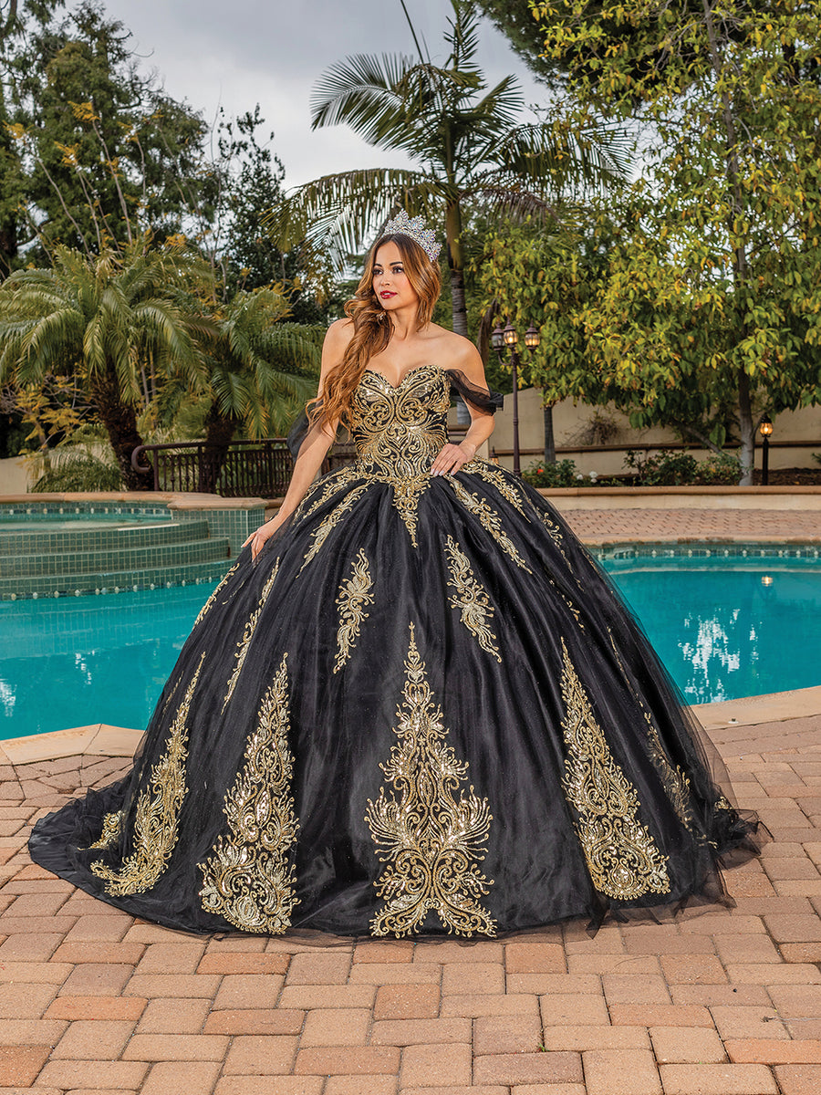 Sweetheart Black and Gold Embroidered Quinceanera Ball Gown