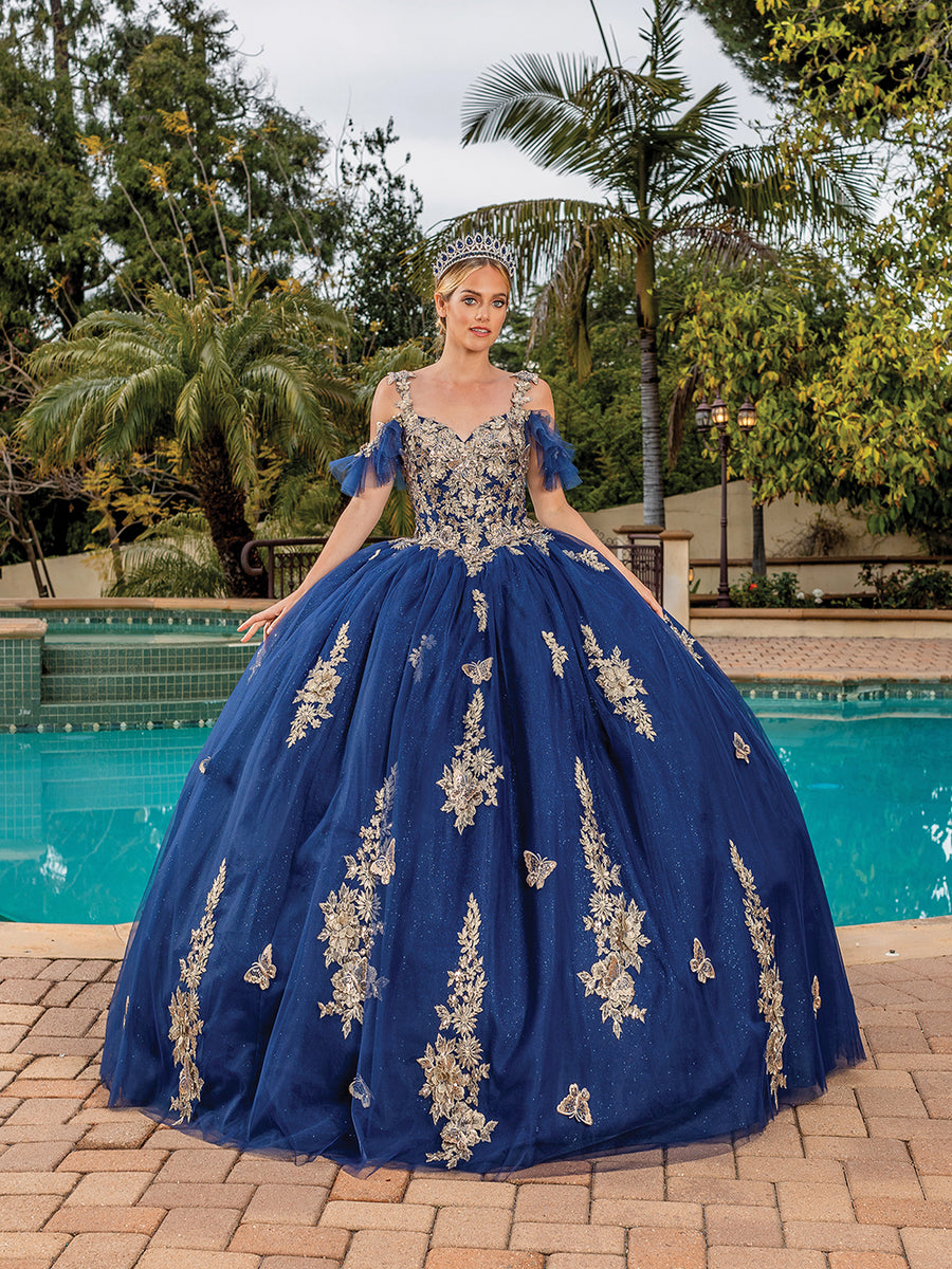 Sparkling Flare Sleeve Embroidered Navy Quinceanera Ball Gown