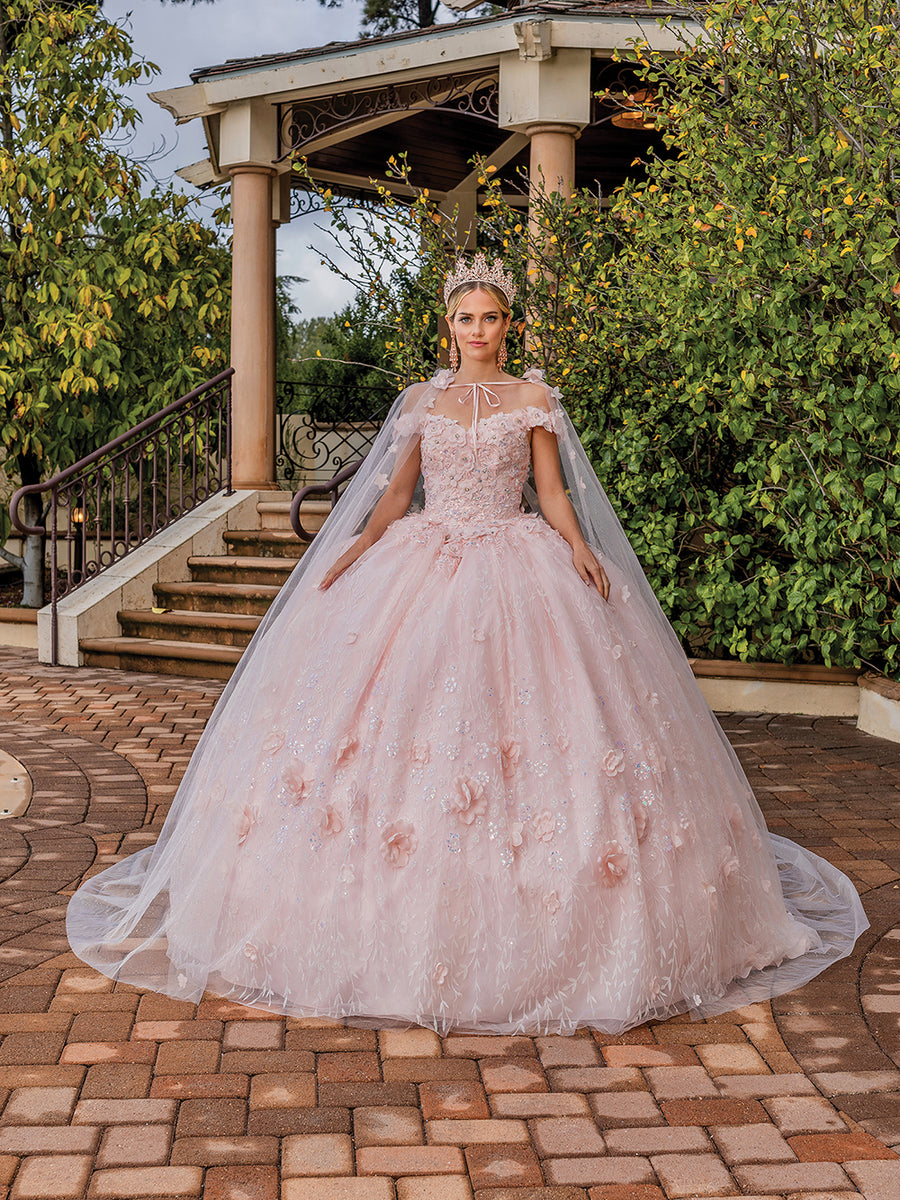 Off The Shoulder Tulle Attachable Long Train Floral Quinceanera Ball Gown