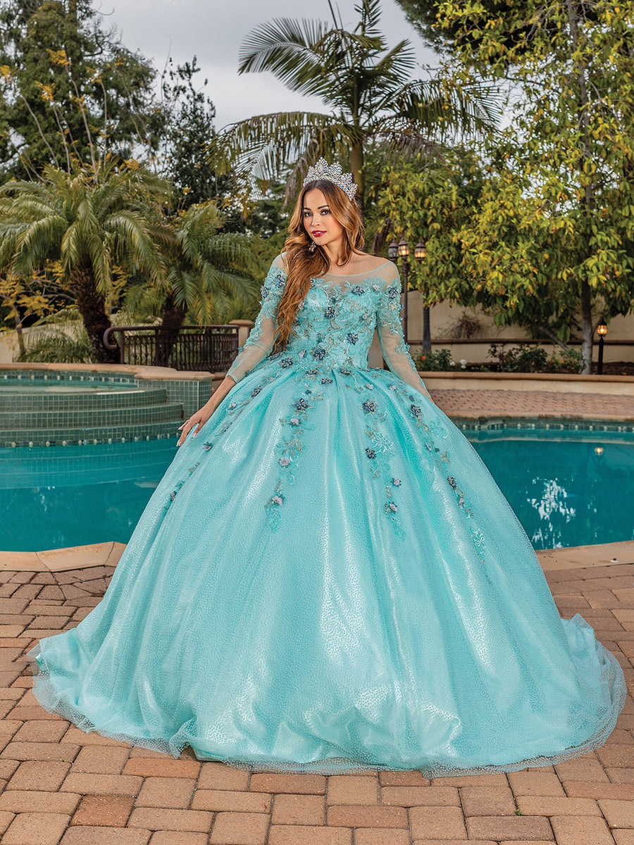 Off The Shoulder Embellished Long Sleeve Mint Quinceanera Ball Gown
