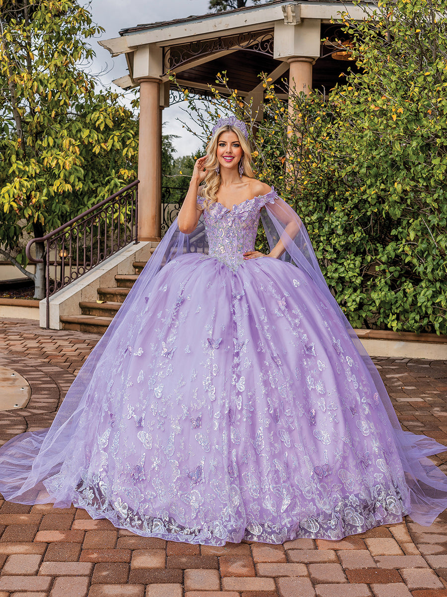 Floral Applique Lace Attachable Cape Butterfly Quinceanera Ball Gown