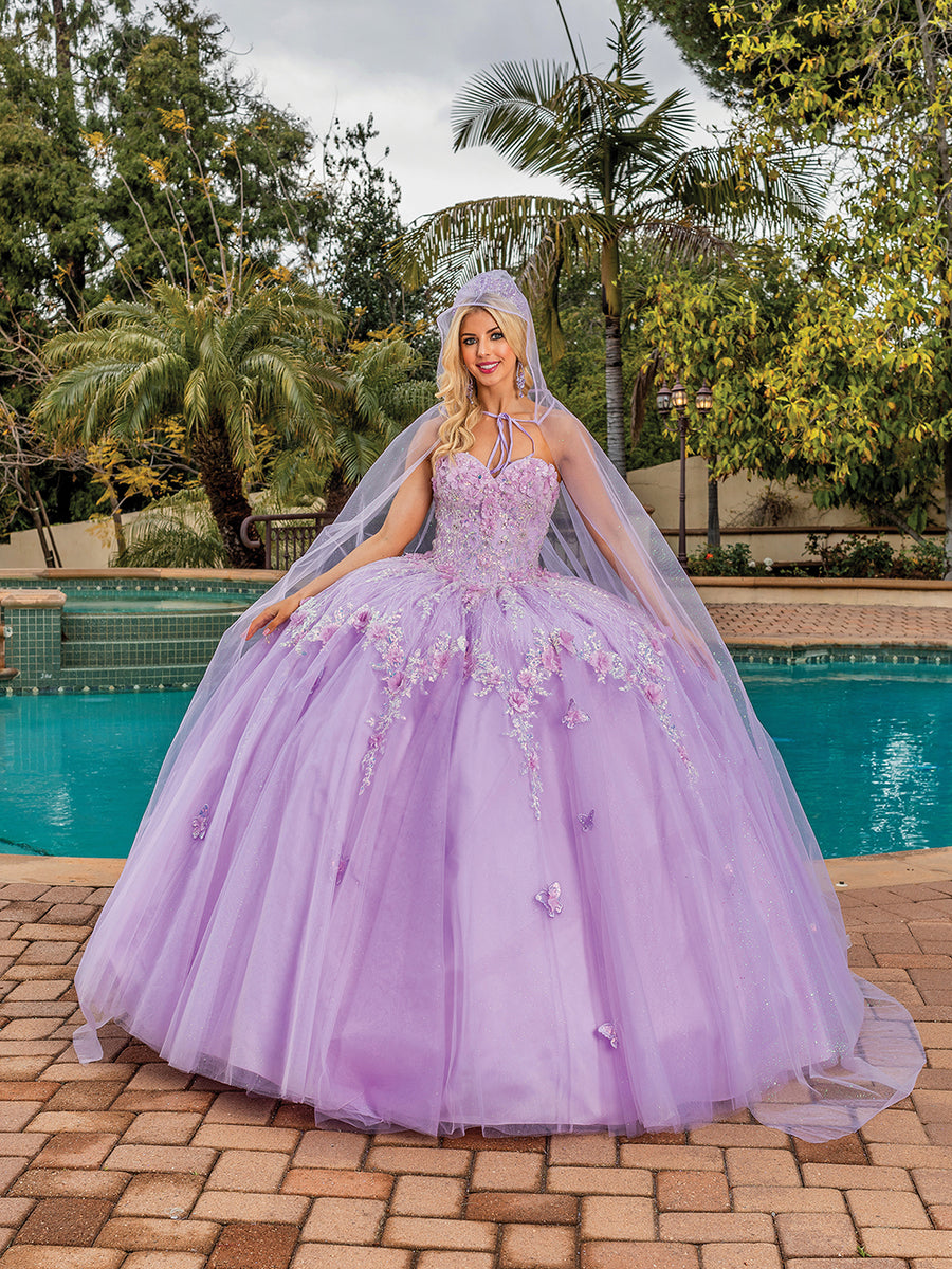 Sweetheart Lilac Draping Cape Embellished Quinceanera Ball Gown