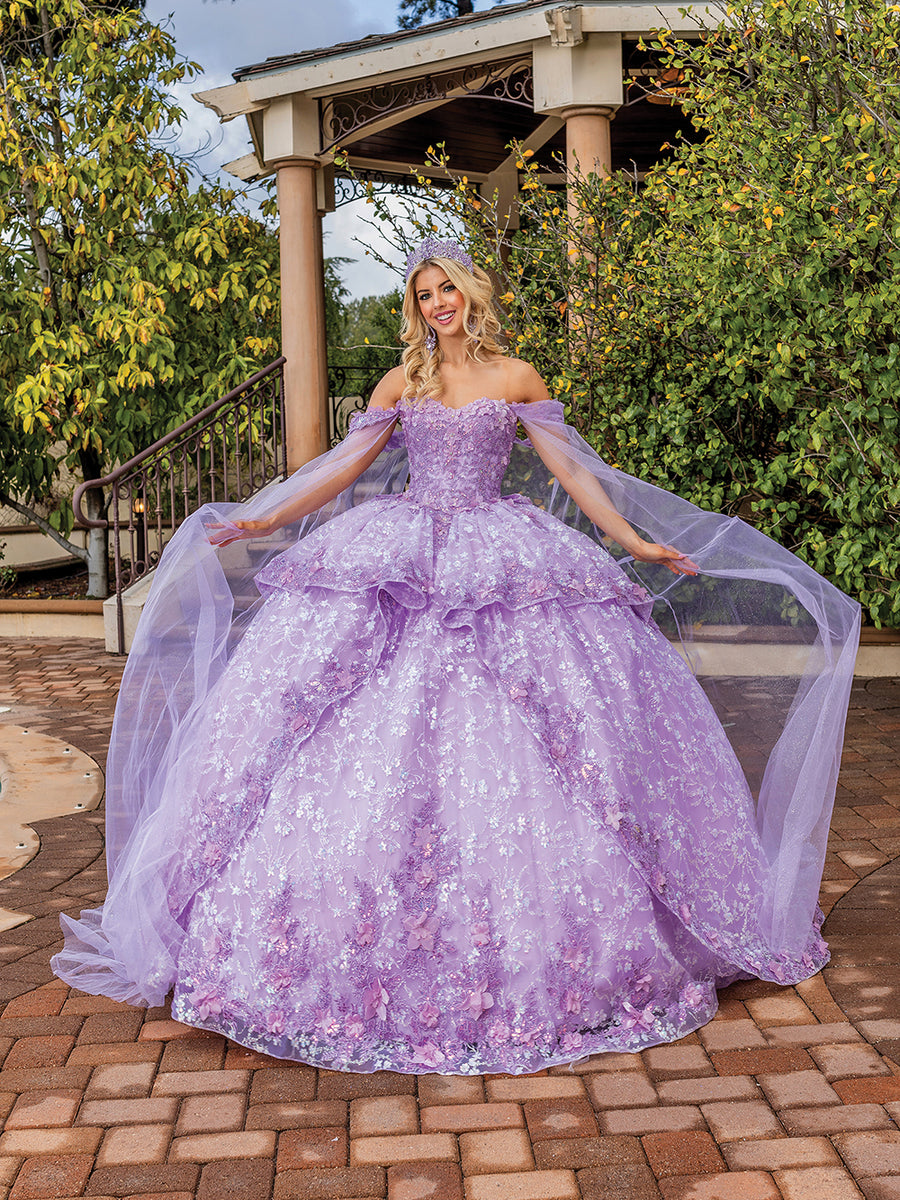 Floral Lace Embellished Layered Off The Shoulder Quinceanera Ball Gown