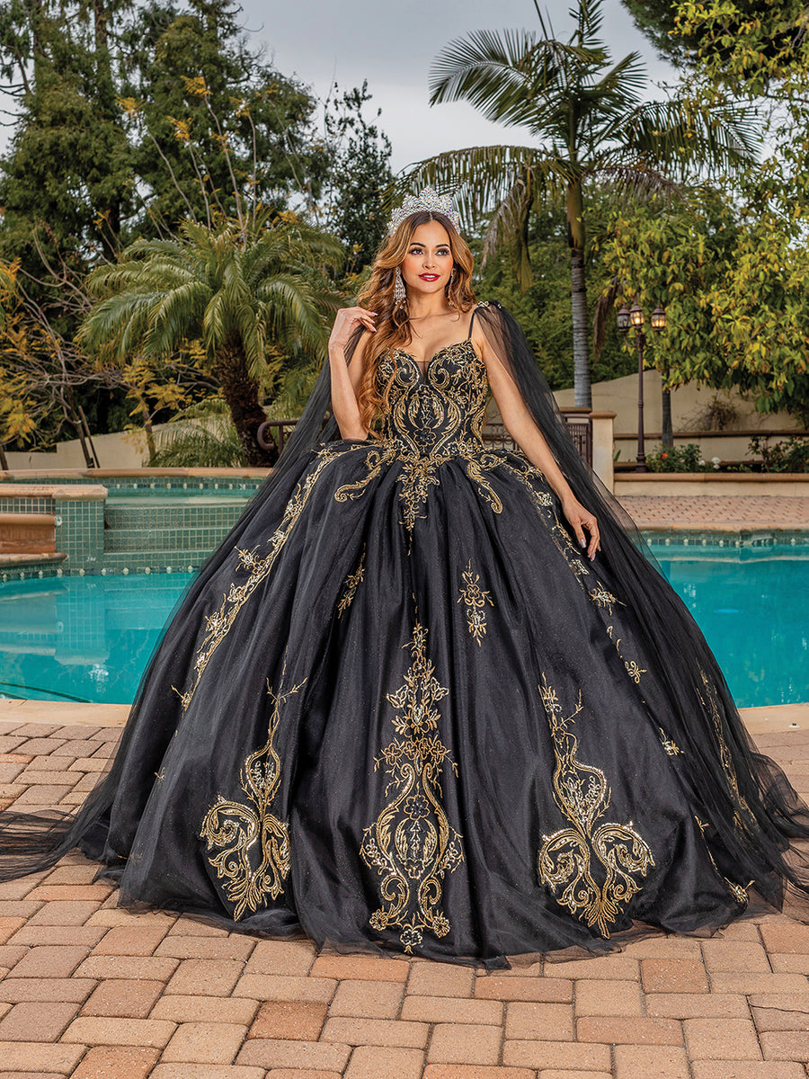 Draping Cape Stunning Gold Embroidered Black Quinceanera Ball Gown