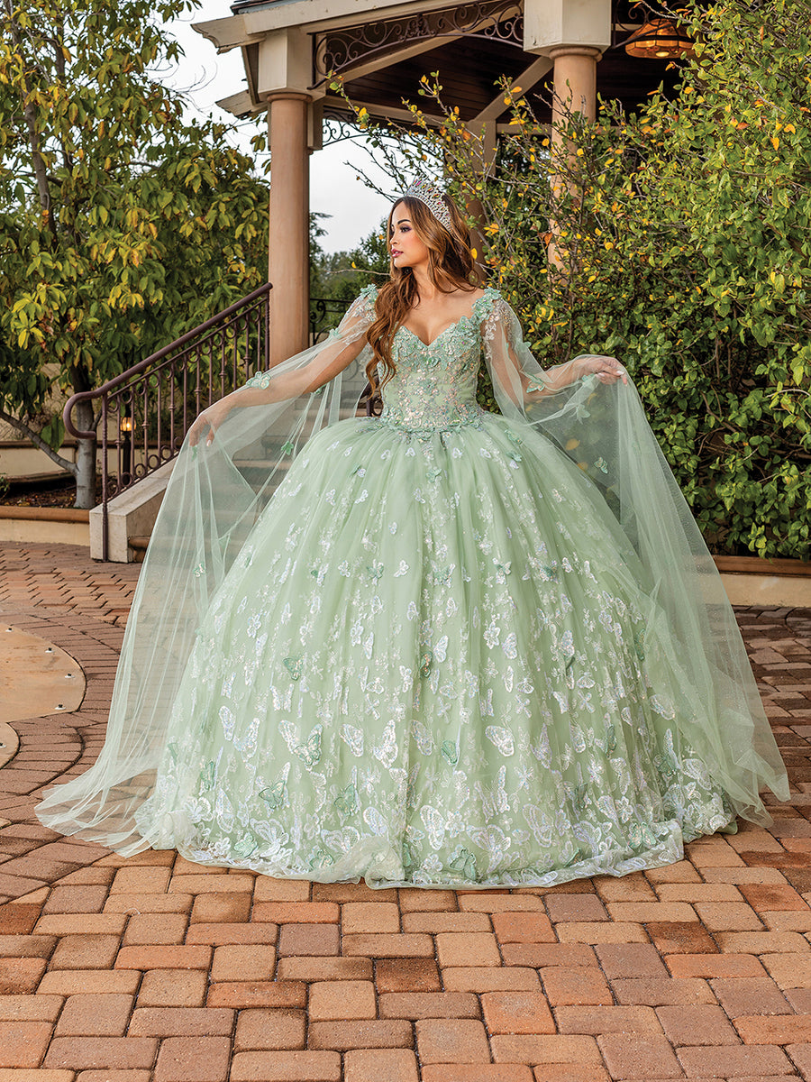 Enchanting Floral Embroidered Draping Cape Quinceanera Ball Gown