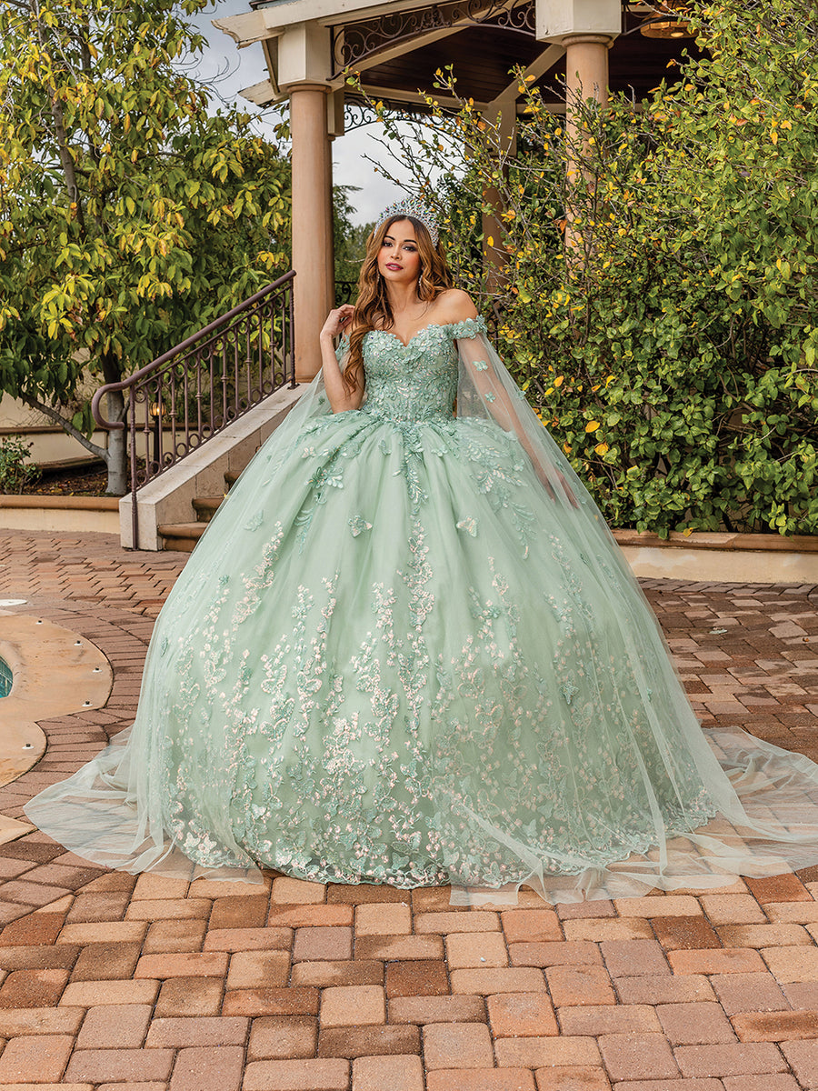Floral Embroidered Off The Shoulder Long Train Quinceanera Ball Gown