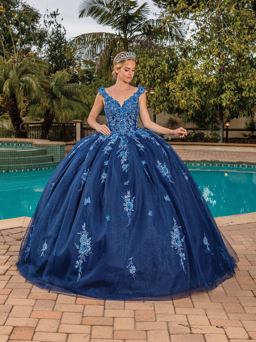 Embroidered Notch Floral Navy Quinceanera Ball Gown