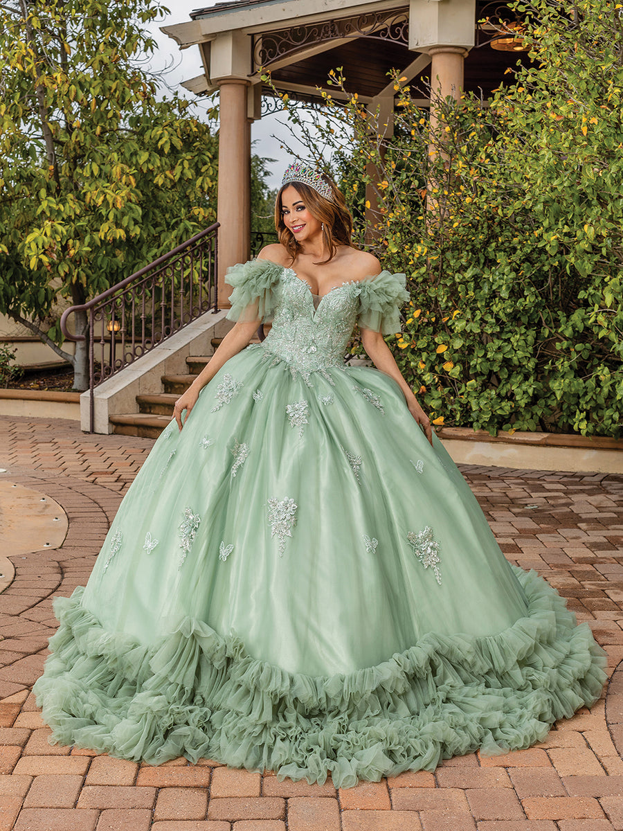 Stunning Off The Shoulder Ruffle Train Semi Plunging Quinceanera Ball Gown