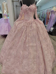 Sweetheart Embellished Long Sleeve Strapped Rose Quinceanera Ball Gown