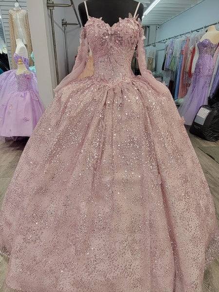 Sweetheart Embellished Long Sleeve Strapped Rose Quinceanera Ball Gown