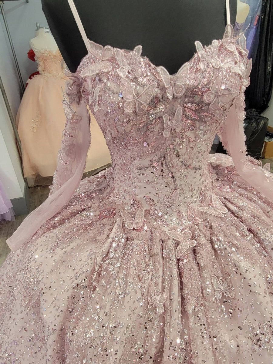 Sweetheart Embellished Long Sleeve Strapped Rose Quinceanera Ball Gown