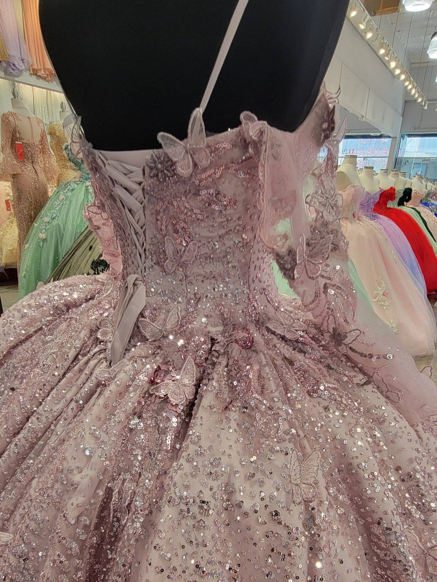 Sweetheart Embellished Long Sleeve Strapped Rose Quinceanera Ball Gown