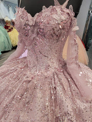 Sweetheart Embellished Long Sleeve Strapped Rose Quinceanera Ball Gown