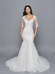 Beautiful V-Neck Mermaid 1/2 Sleeve Beaded Lace Applique Wedding Dress