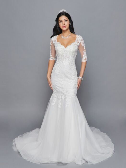 Beautiful V-Neck Mermaid 1/2 Sleeve Beaded Lace Applique Wedding Dress