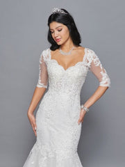 Beautiful V-Neck Mermaid 1/2 Sleeve Beaded Lace Applique Wedding Dress