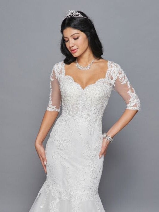 Beautiful V-Neck Mermaid 1/2 Sleeve Beaded Lace Applique Wedding Dress
