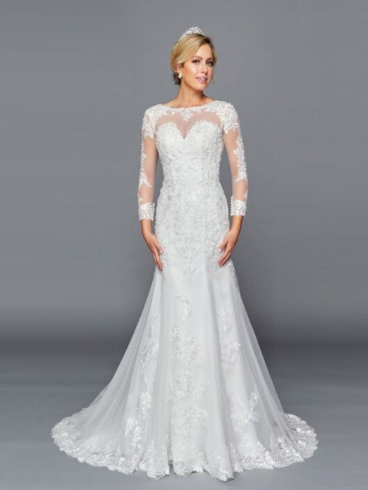 Stunning Scoop Neckline Long Sleeves Beaded Tulle Trumpet Silhouette Wedding Dress