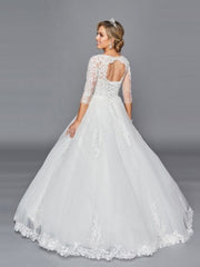 Elegant Square V-Neck 3/4 Sleeves Beaded Applique Ball Gown Wedding Dress