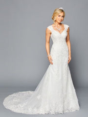 Stunning V-Neck Chapel Train Trumpet Silhouette Beaded Lace Wedding Dress