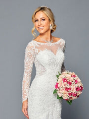 Elegant Boat Neckline Illusion Long Sleeves Trumpet Silhouette Wedding Dress