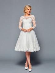 Illusion Boat Neckline Long Sleeve A-Line Short Beaded Lace Applique Wedding Dress