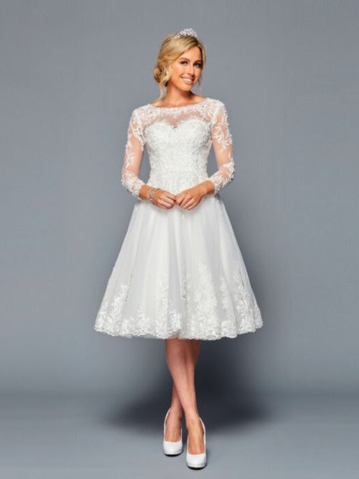 Illusion Boat Neckline Long Sleeve A-Line Short Beaded Lace Applique Wedding Dress