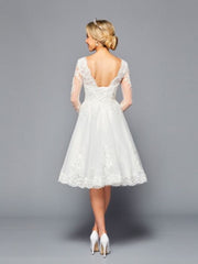 Illusion Boat Neckline Long Sleeve A-Line Short Beaded Lace Applique Wedding Dress