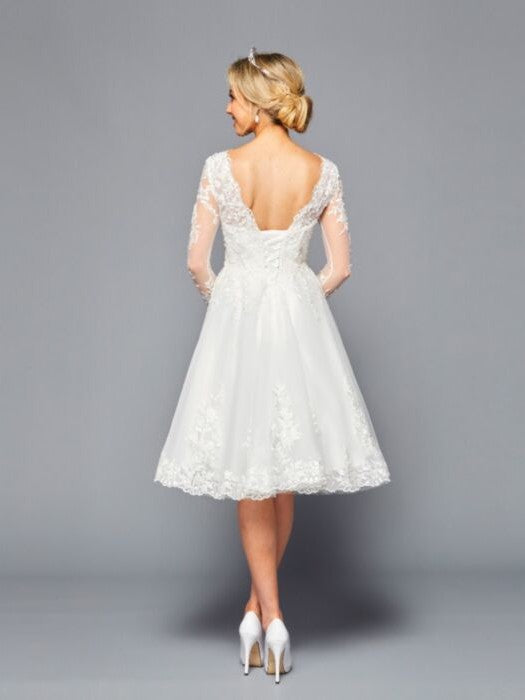 Illusion Boat Neckline Long Sleeve A-Line Short Beaded Lace Applique Wedding Dress