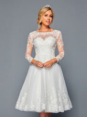 Illusion Boat Neckline Long Sleeve A-Line Short Beaded Lace Applique Wedding Dress