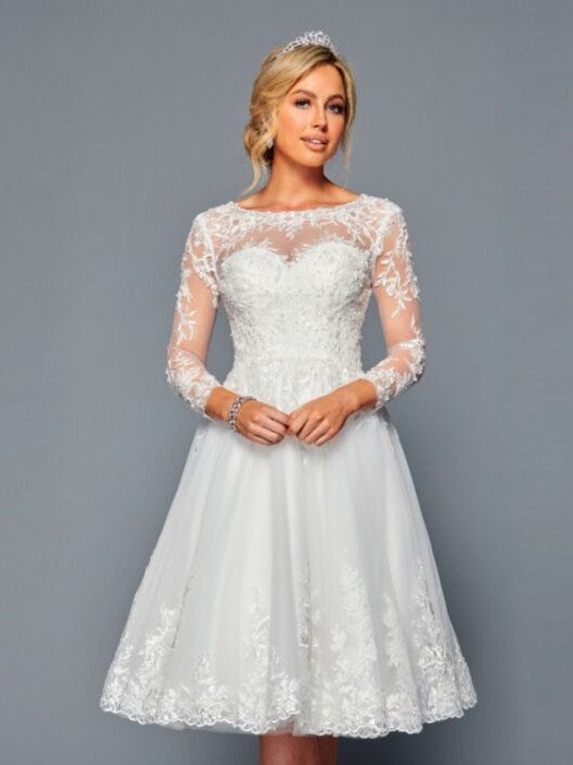 Illusion Boat Neckline Long Sleeve A-Line Short Beaded Lace Applique Wedding Dress