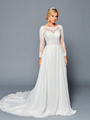 Elegant Boat Neckline Illusion Long Sleeves Beaded Lace A-Line Chiffon Court Train Wedding Dress