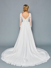Elegant Boat Neckline Illusion Long Sleeves Beaded Lace A-Line Chiffon Court Train Wedding Dress