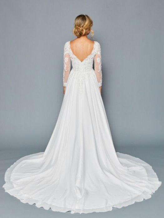 Elegant Boat Neckline Illusion Long Sleeves Beaded Lace A-Line Chiffon Court Train Wedding Dress