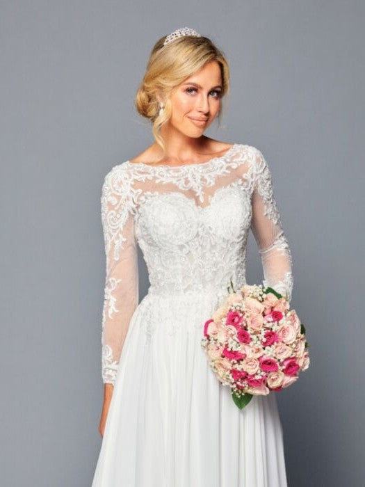 Elegant Boat Neckline Illusion Long Sleeves Beaded Lace A-Line Chiffon Court Train Wedding Dress
