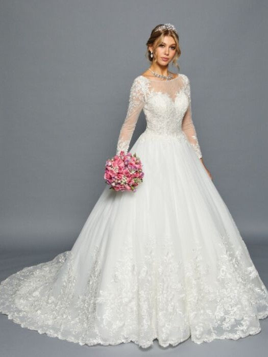 Elegant Long Sleeve Illusion Beaded Lace A-Line Ballgown Wedding Dress