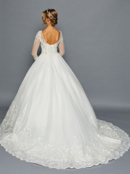 Elegant Long Sleeve Illusion Beaded Lace A-Line Ballgown Wedding Dress
