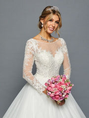 Elegant Long Sleeve Illusion Beaded Lace A-Line Ballgown Wedding Dress
